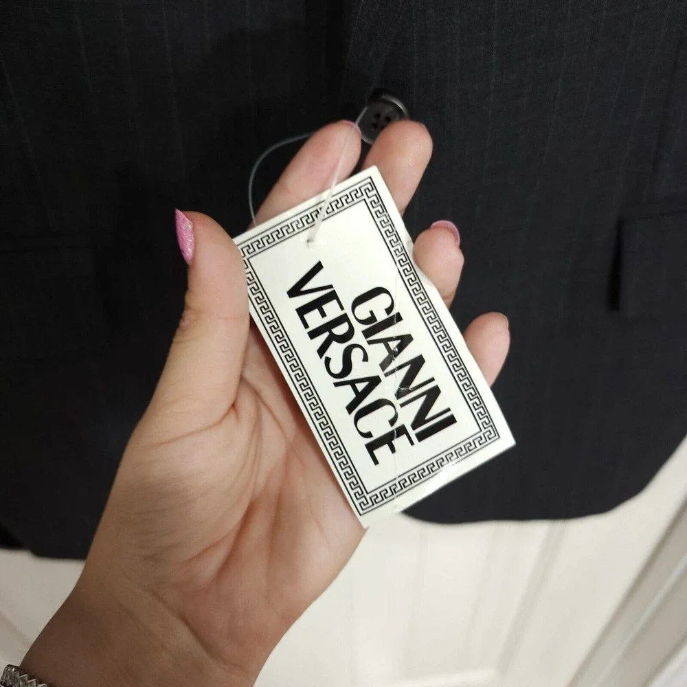 Gianni Versace Mens Blazer Vtg 90s Gray Pinstripe Virgin Wool Suit Jacket NWT 51